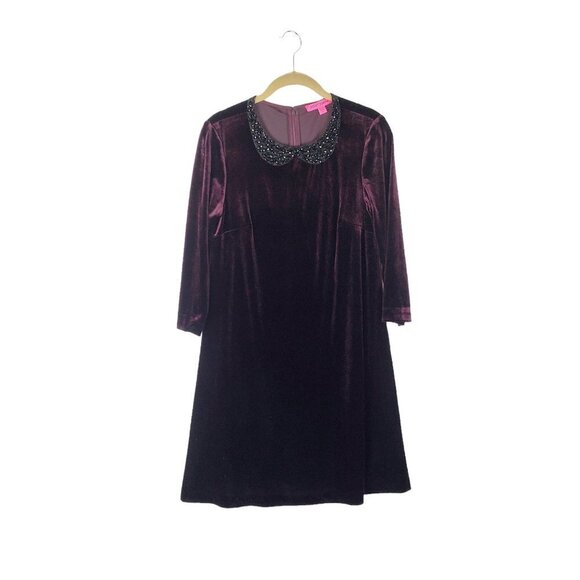 Betsey Johnson Peter Pan Collar Dress Burgundy Velvet Jeweled Goth Womens Size 6 - Picture 2 of 9